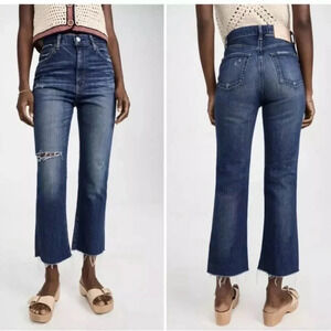MOUSSY VINTAGE MV Rhode Cropped Flare Hi Rise Jeans in Dark Blue Frayed Size 25